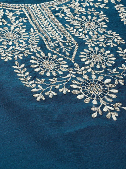 Women's Teal Blue Yoke Design Sequined Kurta With Trousers
