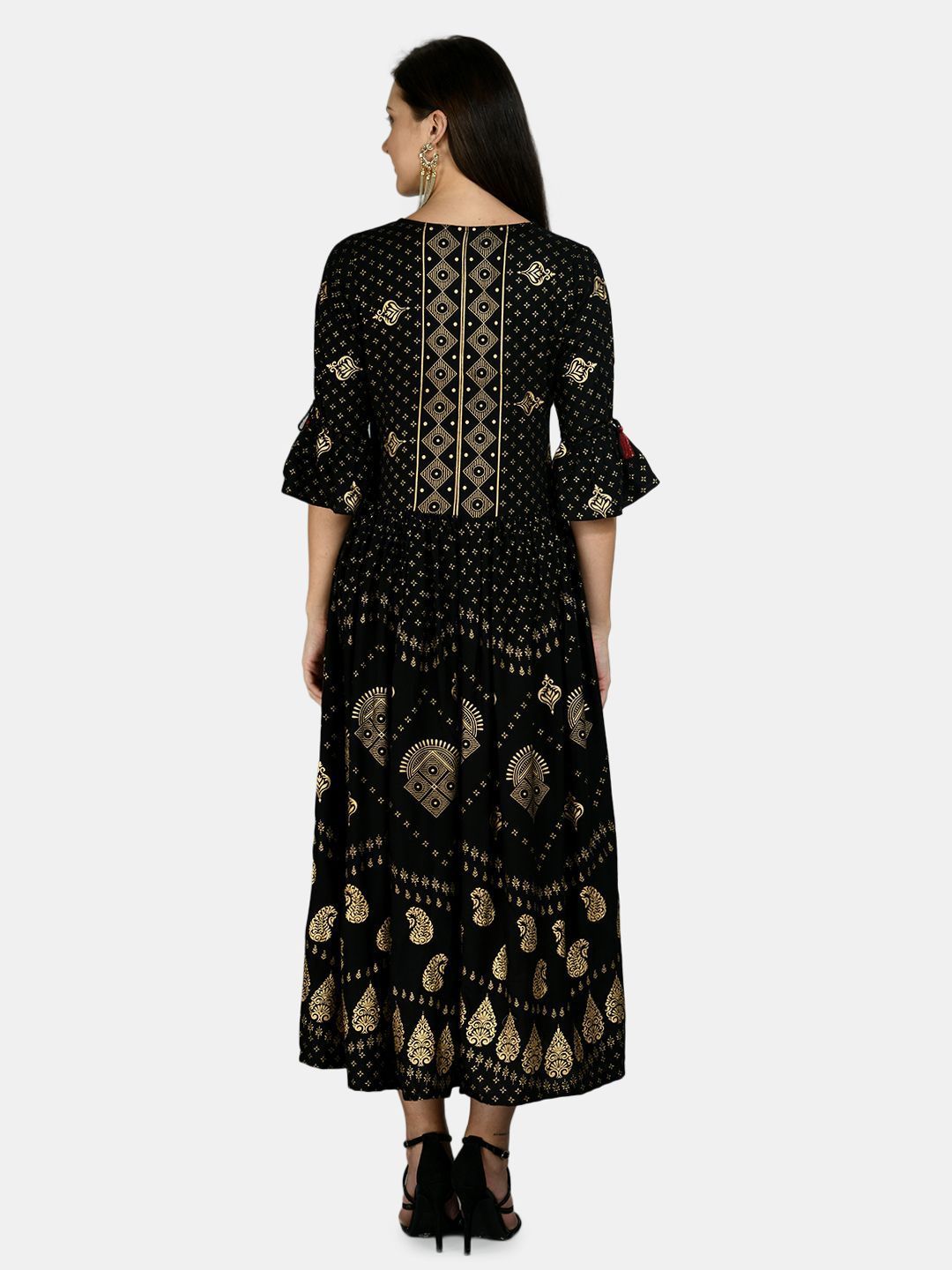 Women's Black Rayon Printed 3/4 Sleeve V Neck Casual Dress