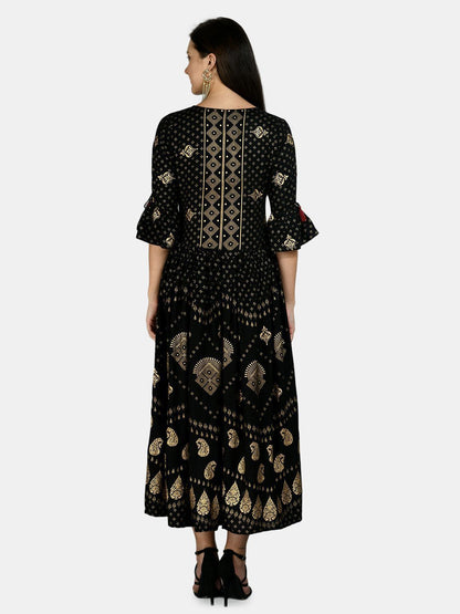 Women's Black Rayon Printed 3/4 Sleeve V Neck Casual Dress