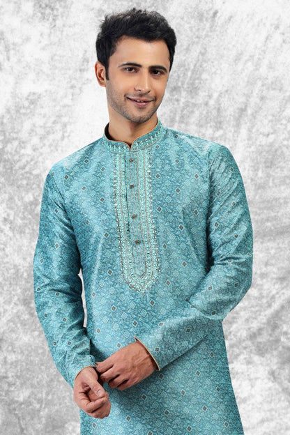 Men's Jacquard Silk Brocade Mirror And Thread Work Kurta Pyjama In Blue Color