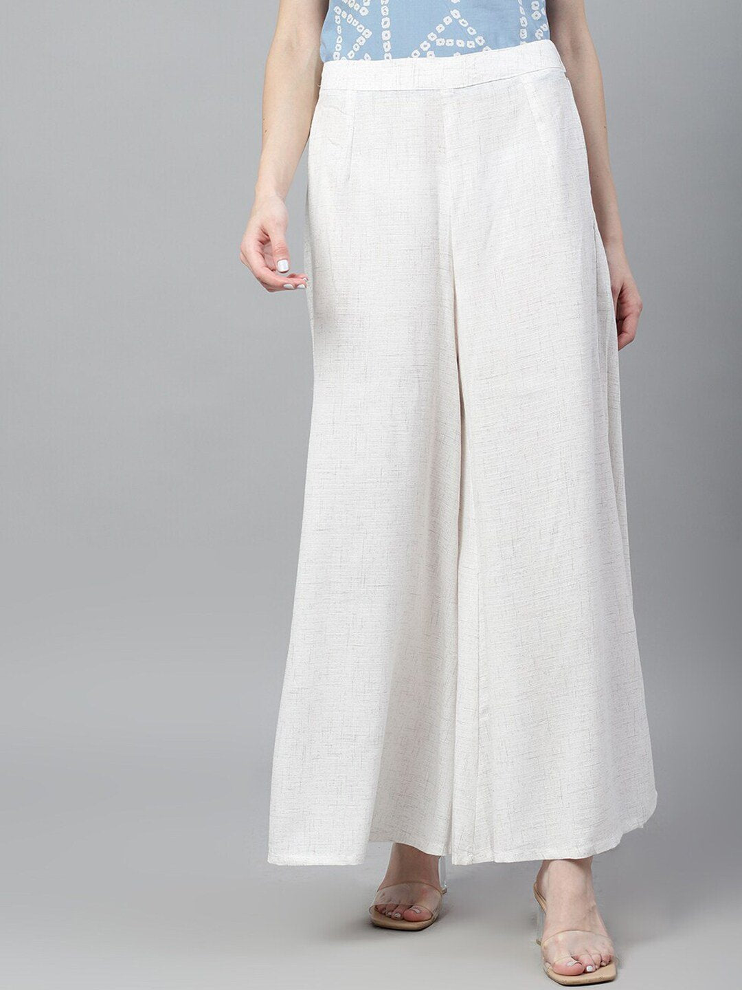 Women's  White Self Design Flared Palazzos