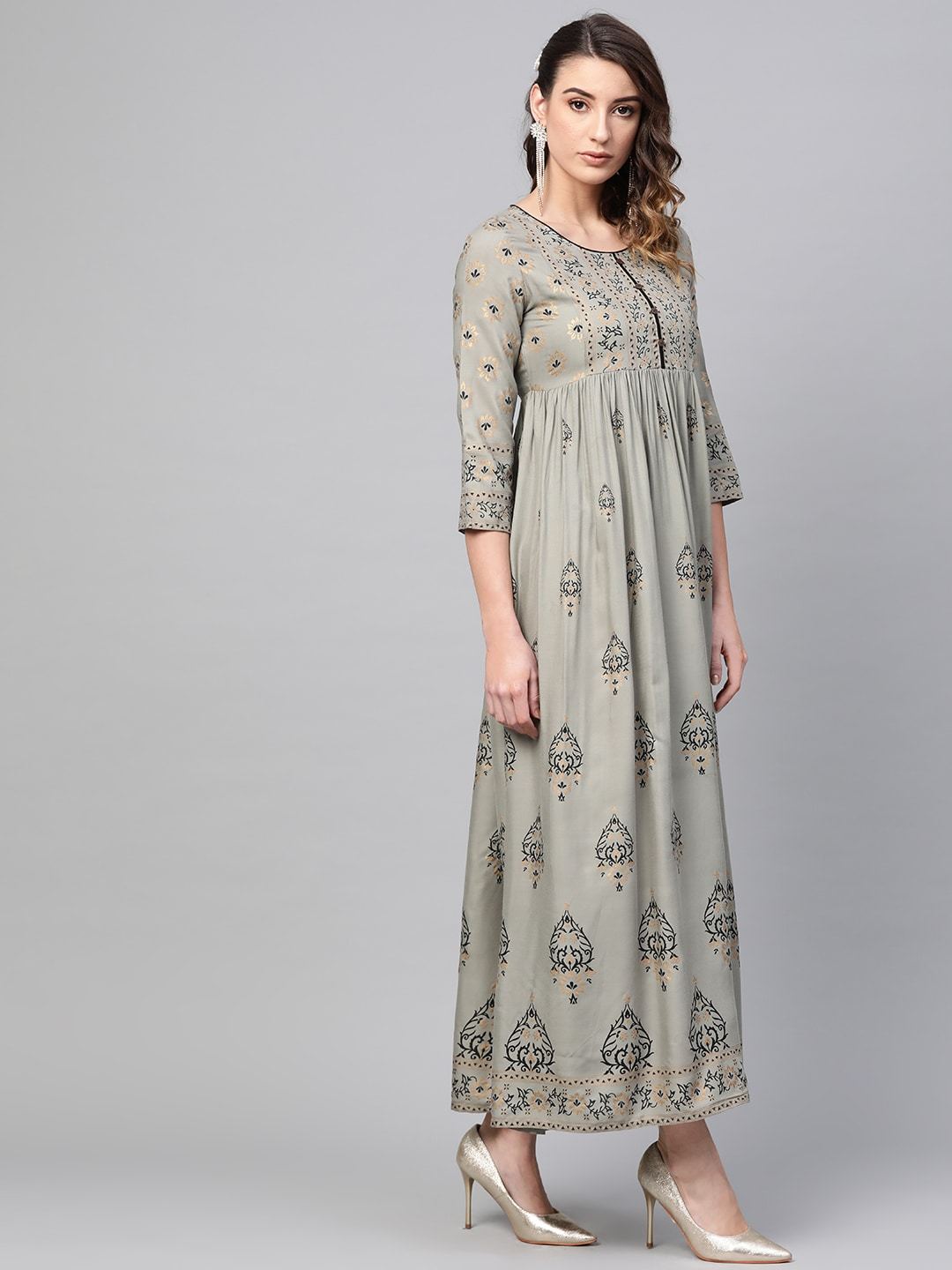 Women's  Grey & Black Block Printed Maxi Dress