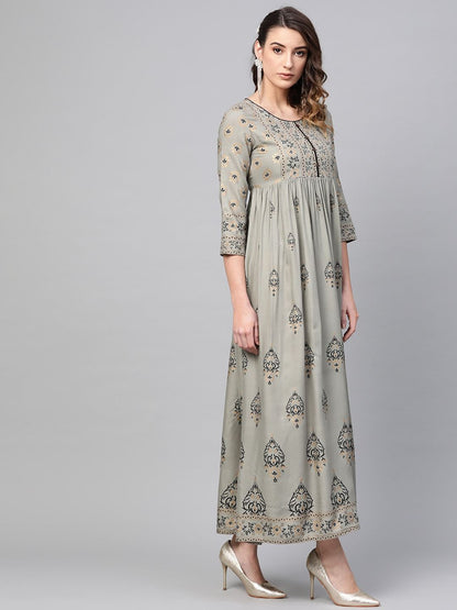 Women's  Grey & Black Block Printed Maxi Dress