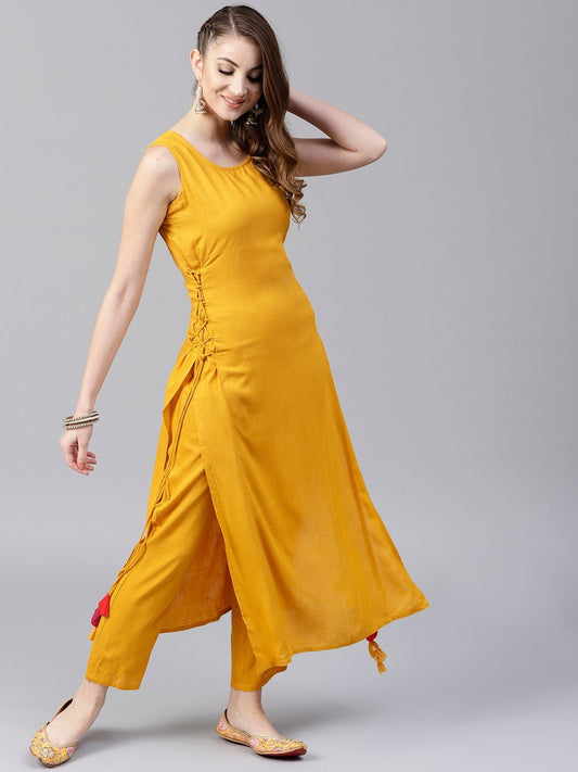 Women's  Mustard Solid Straight Kurta