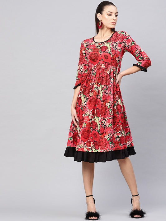 Women's  Red & Black Floral Print Midi A-Line Dress
