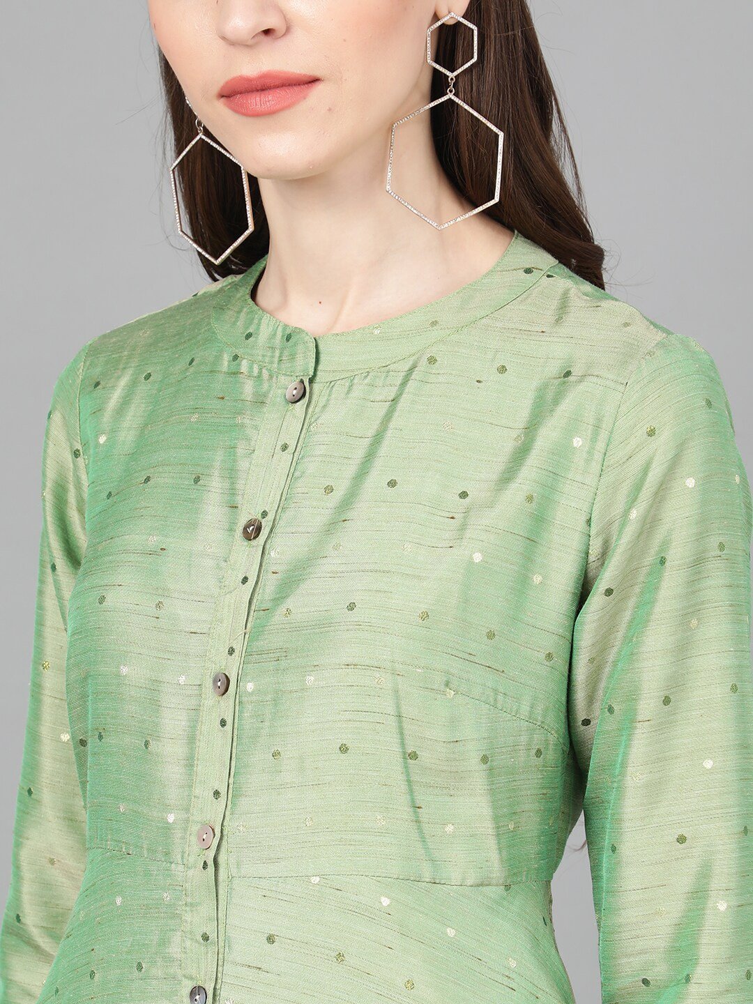 Women's  Green Woven Design A-Line Kurta