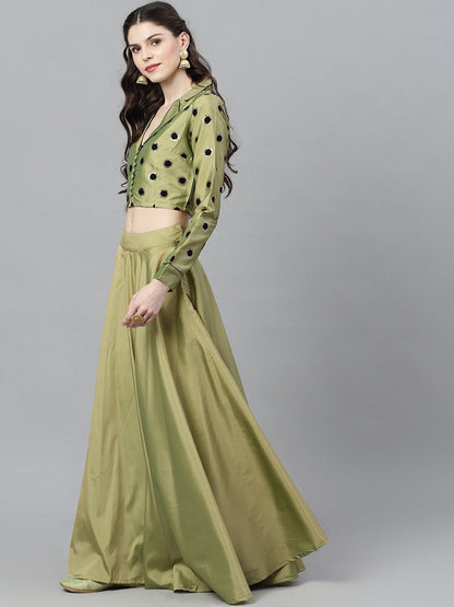 Women's Green Flock Printed Lehenga Choli Se
