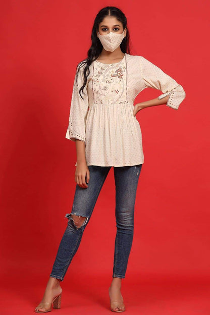Women's Ivory Rayon Slub Polka Print Peplum Tunic With Mask