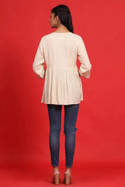 Women's Ivory Rayon Slub Polka Print Peplum Tunic With Mask