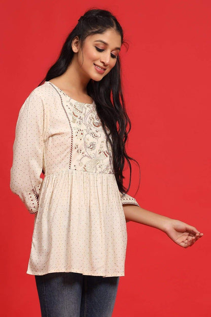Women's Ivory Rayon Slub Polka Print Peplum Tunic With Mask