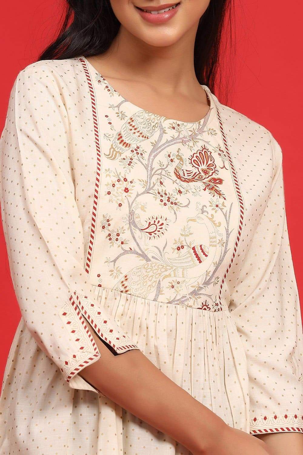 Women's Ivory Rayon Slub Polka Print Peplum Tunic With Mask