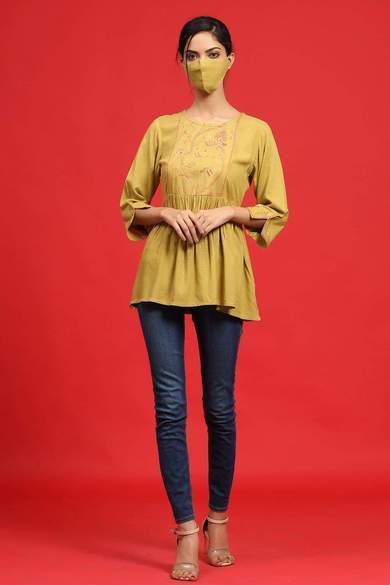 Rayon Slub Polka Print Peplum Tunic With Mask