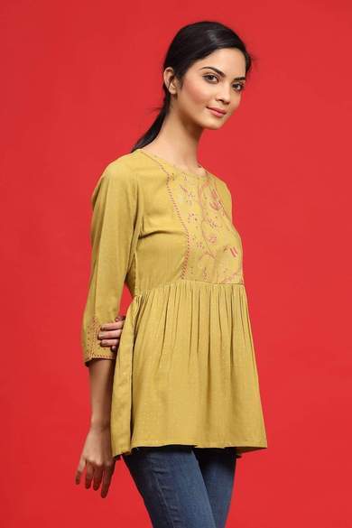 Rayon Slub Polka Print Peplum Tunic With Mask