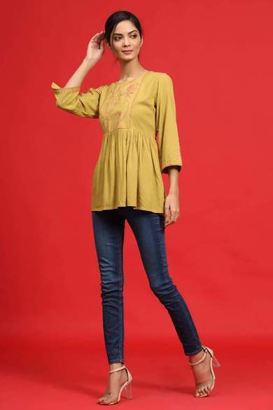 Rayon Slub Polka Print Peplum Tunic With Mask