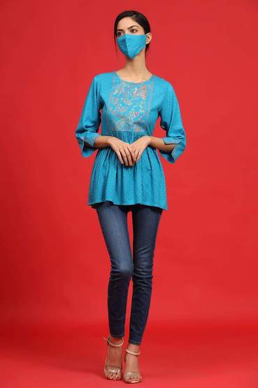 Rayon Slub Polka Print Peplum Tunic With Mask