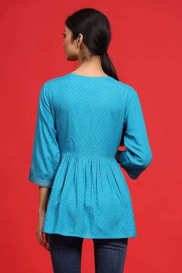 Rayon Slub Polka Print Peplum Tunic With Mask