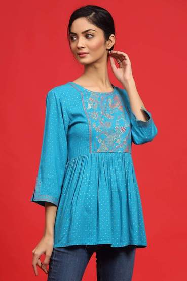 Rayon Slub Polka Print Peplum Tunic With Mask