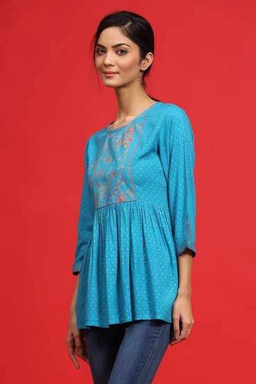 Rayon Slub Polka Print Peplum Tunic With Mask