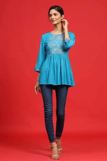 Rayon Slub Polka Print Peplum Tunic With Mask