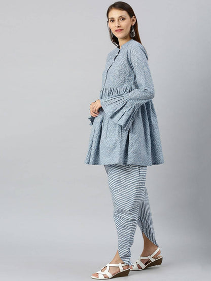 Women's  Blue & White Bandhani Printed Kurta with Dhoti Pants