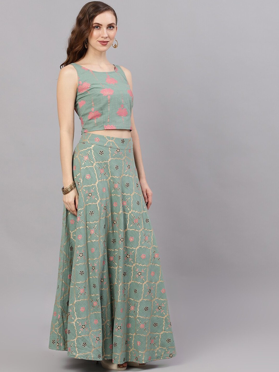 Women's Green & Pink Gold Printed Lehenga Choli With Solid Dupatt