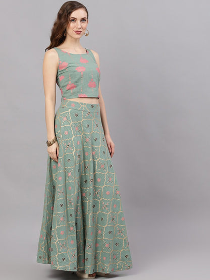 Women's Green & Pink Gold Printed Lehenga Choli With Solid Dupatt