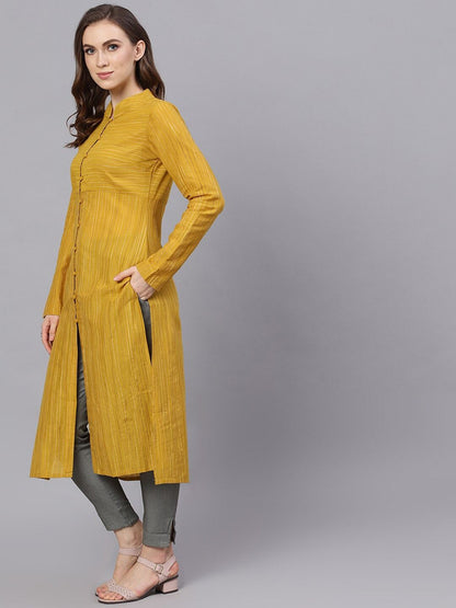 Women's  Mustard Striped Straight Kurta