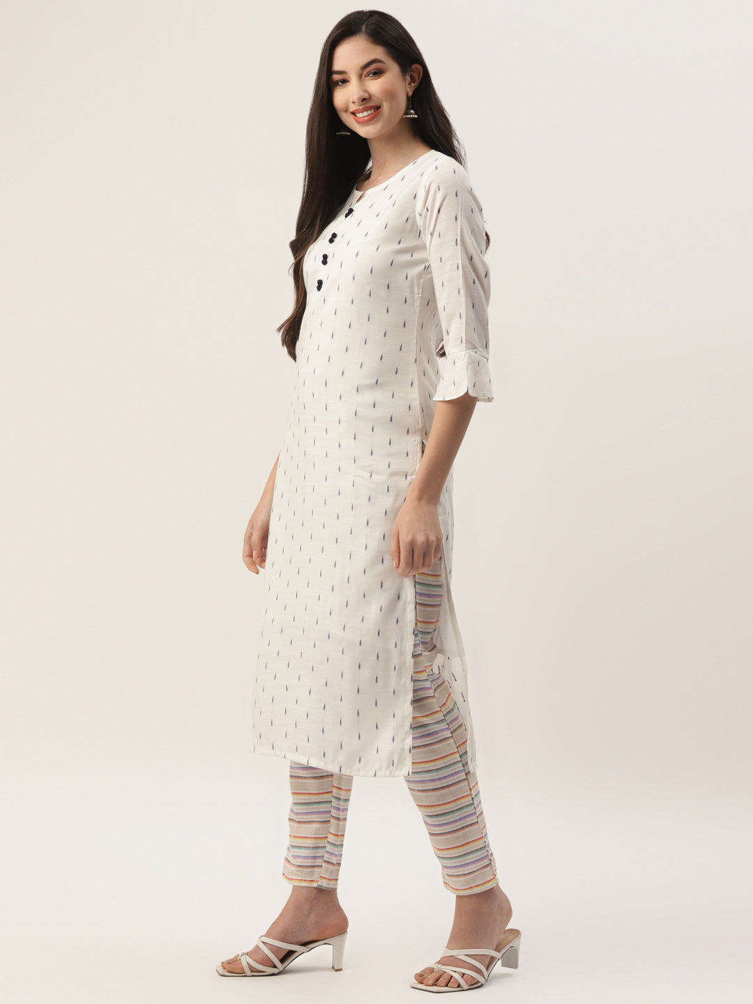 Women's White Cotton Blend Self Design Straight Kurta Trouser Set With Dupatta