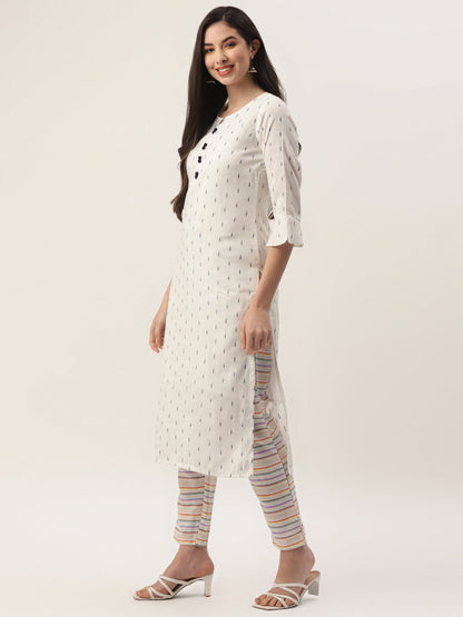 Women's White Cotton Blend Self Design Straight Kurta Trouser Set With Dupatta