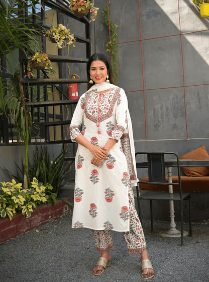 Women's White Handblock Dupatta Set