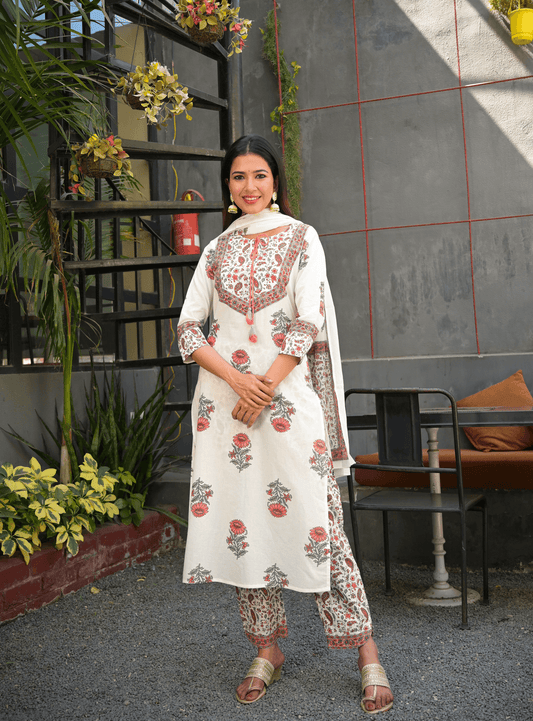 Women's White Handblock Dupatta Set
