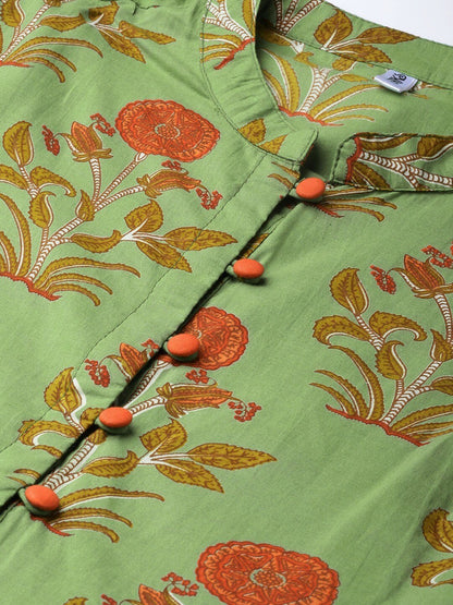 Women's  Green & Orange Printed High-Slit A-Line Kurta