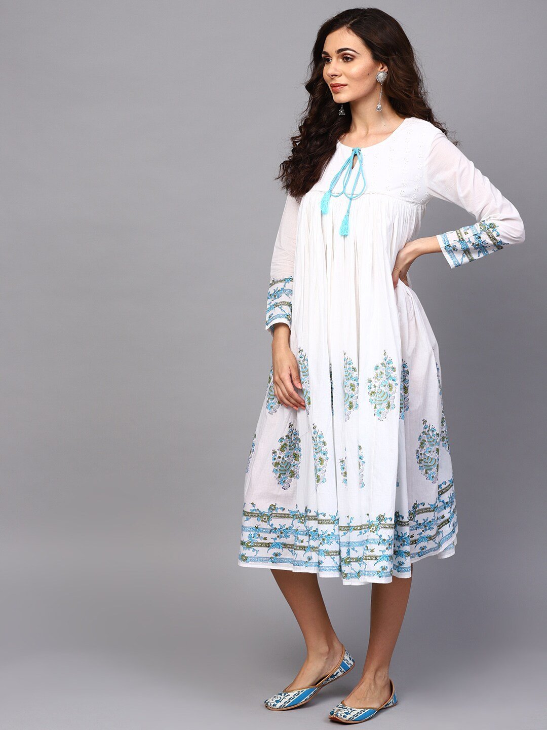 Women's  White & Blue Printed A-Line Dress