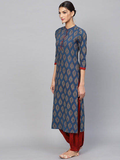 Women's  Navy Blue & Maroon Printed Kantha Work Straight Kurta