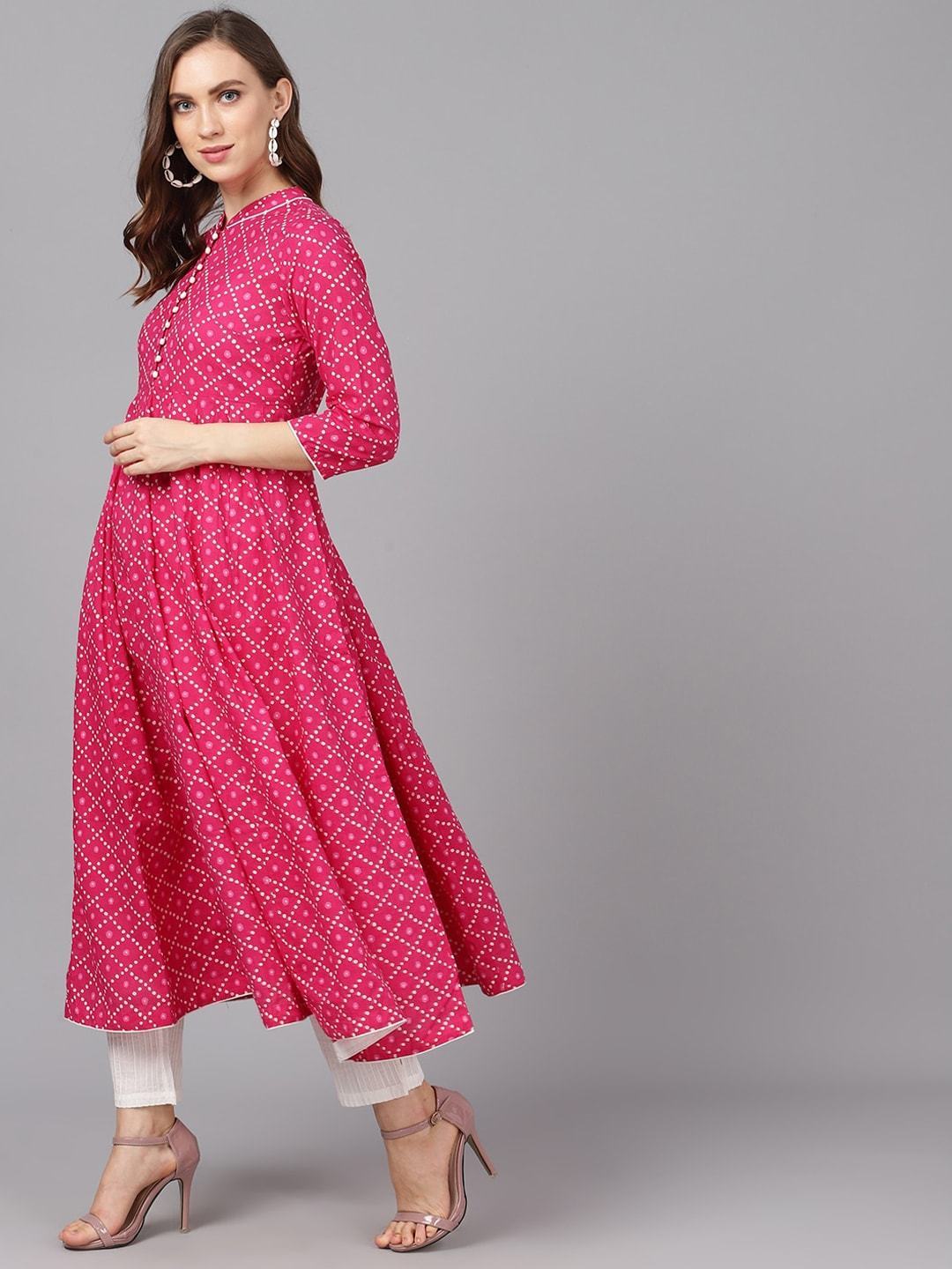 Women's  Magenta & White Printed Anarkali Kurta