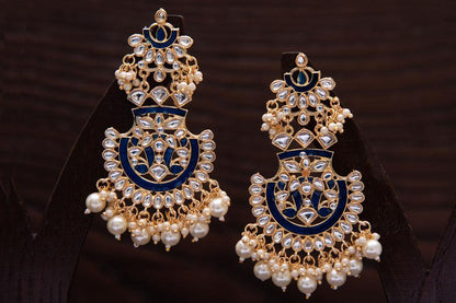 Women's  Gold Plated Meenakari Blue Earrings Glided With Kundans & Pearls