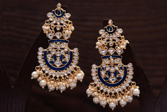 Women's  Gold Plated Meenakari Blue Earrings Glided With Kundans & Pearls