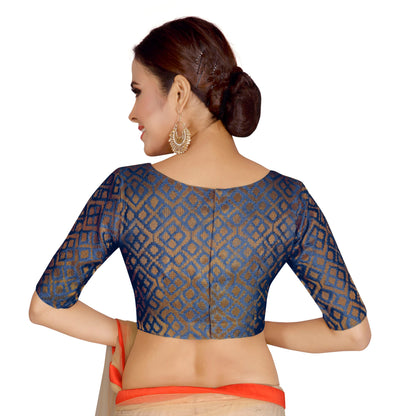 Women's Navy Blue Brocade Blouse by Shringaa