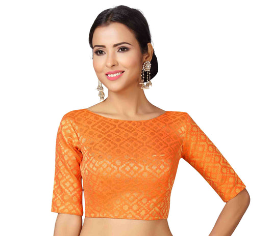 Women Orange Brocade Saree Blouse by Shr