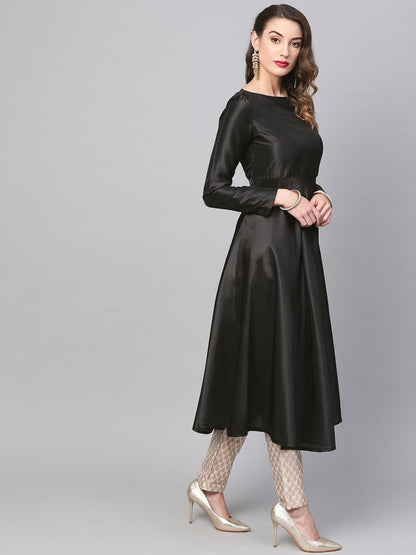 Women's  Black Solid Satin Finish Anarkali Kurta