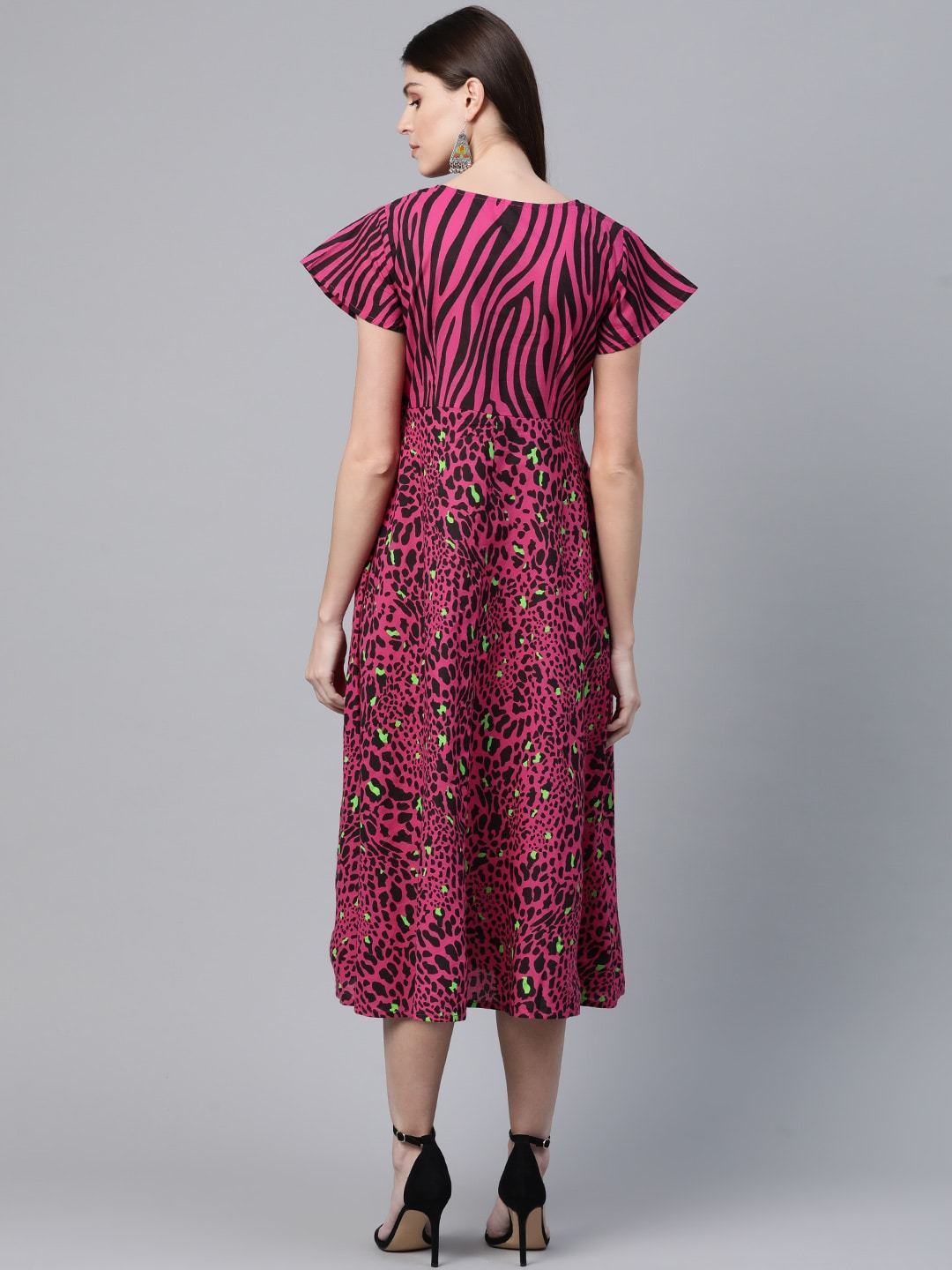 Women's  Pink & Black Animal Printed A-Line Dress