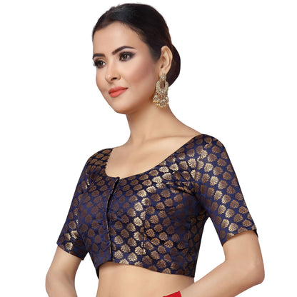 Women's Navy Blue Brocade Blouse by Shringaa