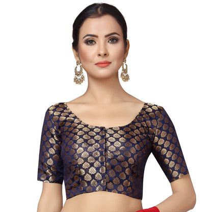 Women's Navy Blue Brocade Blouse by Shringaa