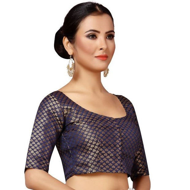 Women's Navy Blue Brocade Blouse by Shringaa