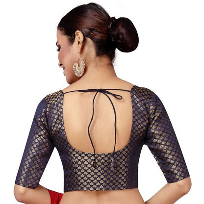 Women's Navy Blue Brocade Blouse by Shringaa