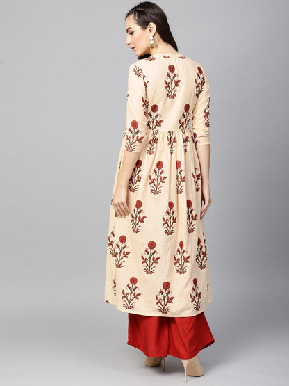 Women's  Cream-Coloured & Maroon Floral Print A-Line Kurta