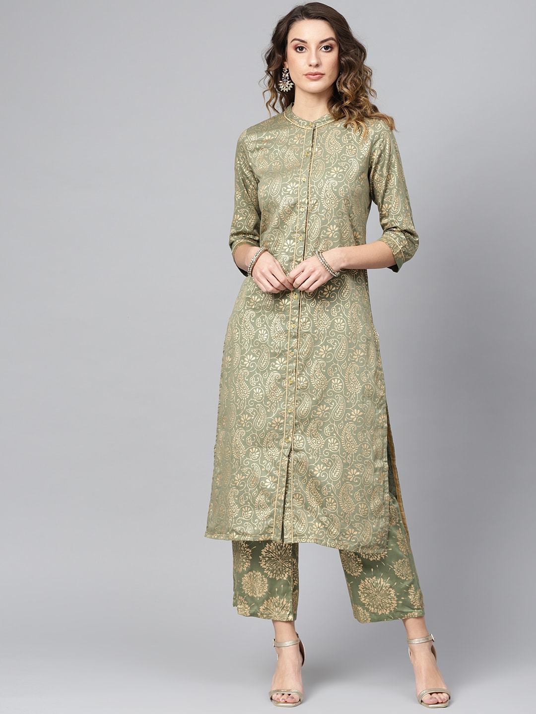 Women's  Olive Green & Golden Block Print Kurta with Palazzos