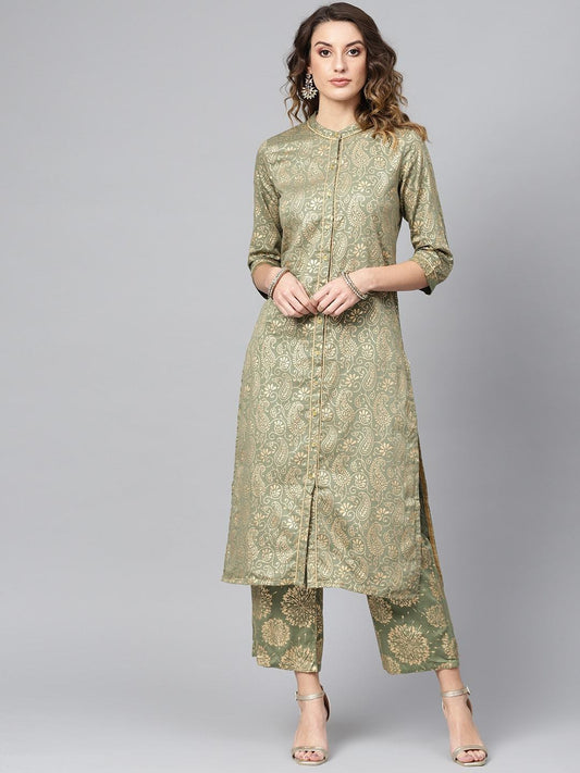 Women's  Olive Green & Golden Block Print Kurta with Palazzos