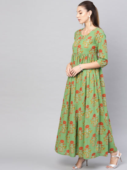 Women's  Green & Orange Floral Print Maxi Dress