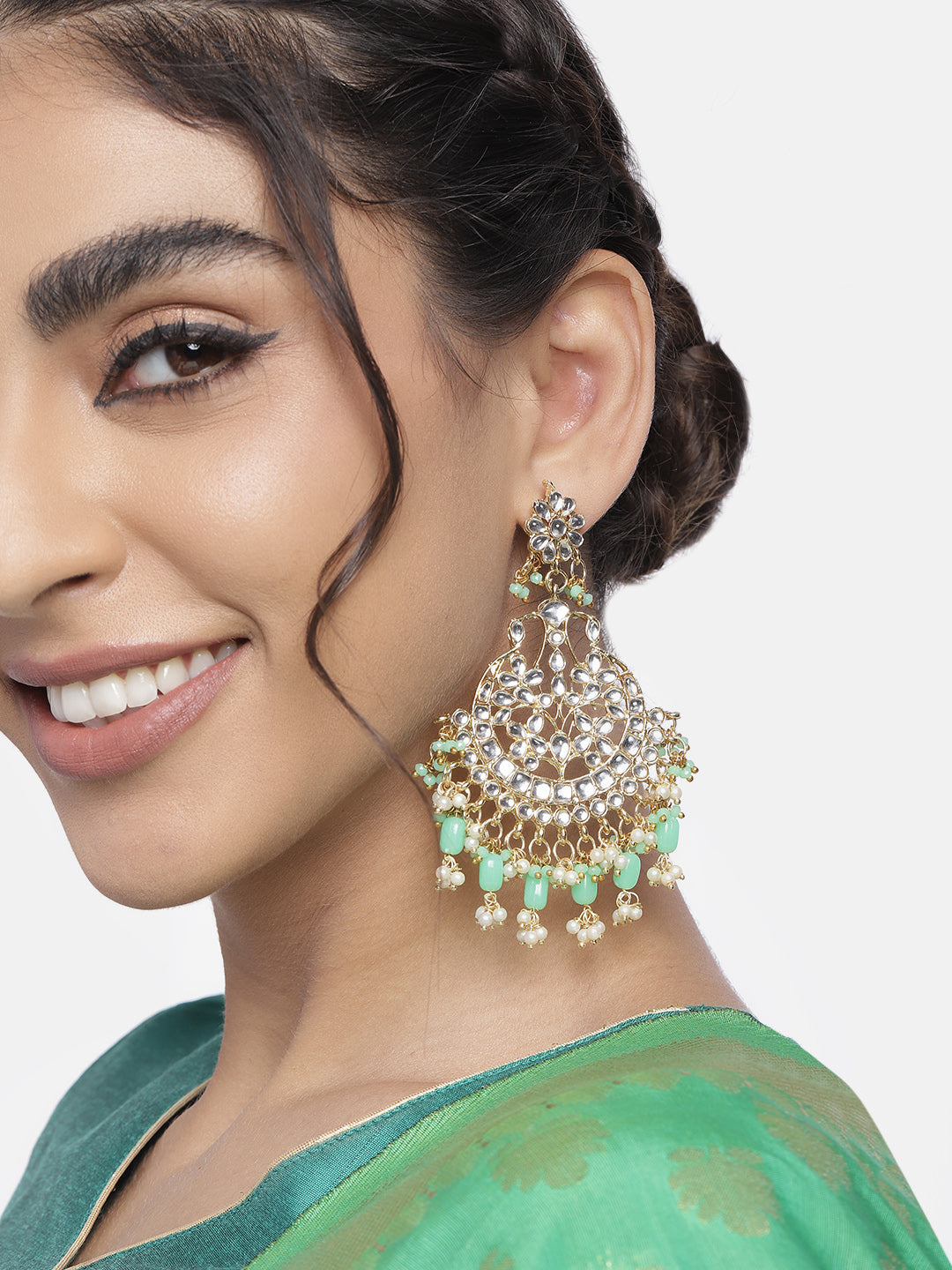 Women's 18K Gold Plated Traditional Handcrafted Pearl Kundan Beaded Earrings (E3013Min)